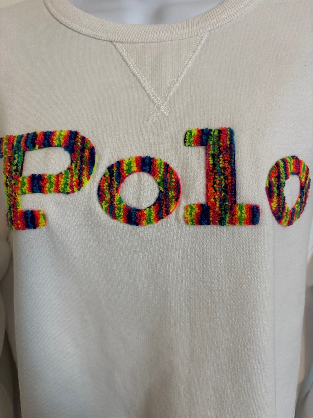 Polo by Ralph Lauren White Crewneck with Multicolor Textured Logo sweatshirt. L - Picture 2 of 5